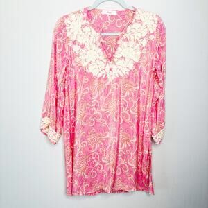 Amaya Pink Silk Tunic Size 38/M Floral Embroidered Neckline Cuffs Scroll